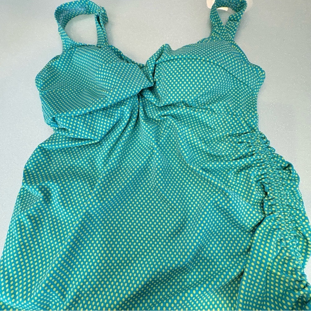 Prego Swimsuit Tank Top Teal Lime Green Polka Dots Cinch On Sides Made In USA - Picture 2 of 10